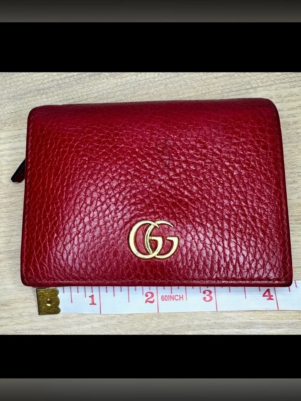 Gucci Red Pebbled Leather Card Holder with Gold Double G Hardware